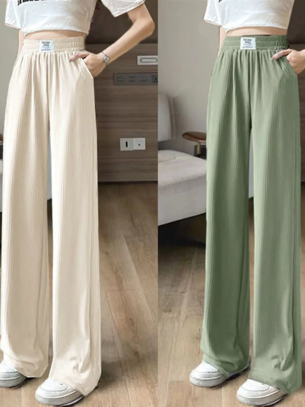 アイスシルクスリムワイドレッグパンツ レディース 夏 薄手 新作 ハイウエスト ドレープ ストレート カジュアルパンツ カジュアルトラウザーズ 女性用