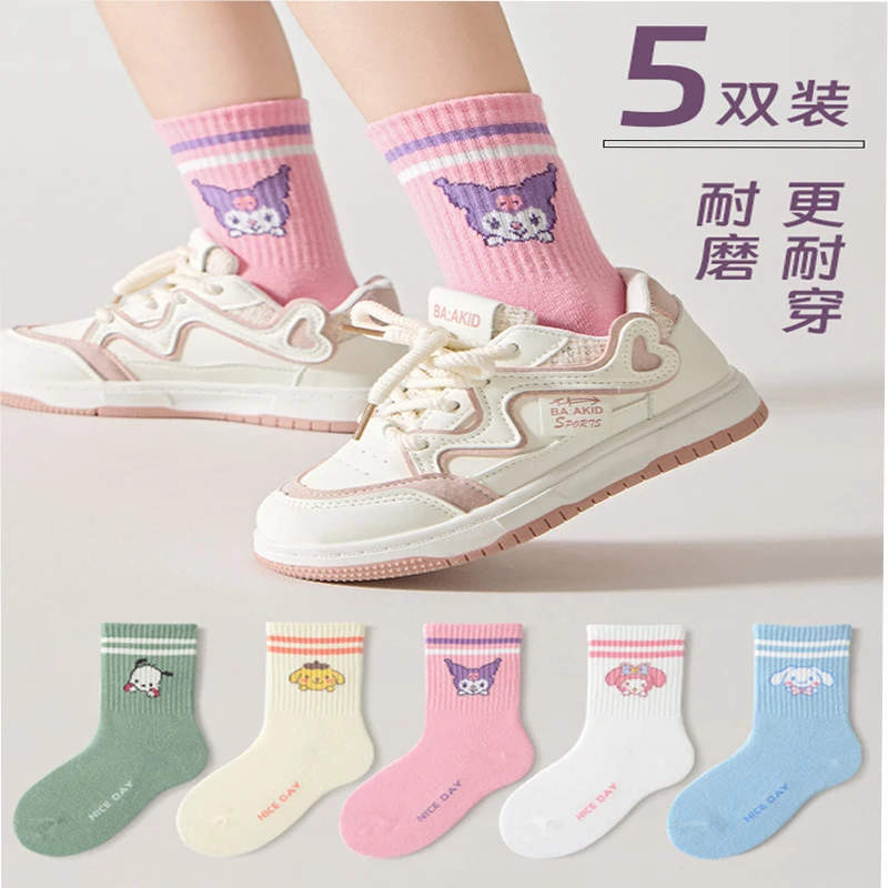 

5 Pairs of Hello Kitty Anime Mid-Calf Socks Cute Girls' School-Style Mid-Calf Socks Women's Socks Wholesale