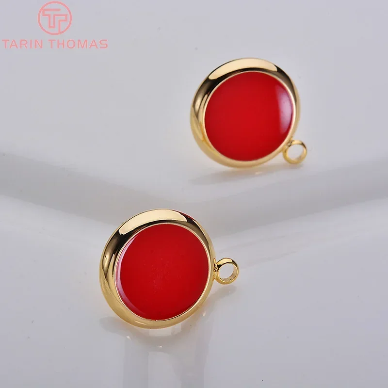 (2240)6PCS 11x14MM 24K Gold Color Plated Brass Red Oil Round Stud Earrings High Quality DIY Jewelry Making Findings