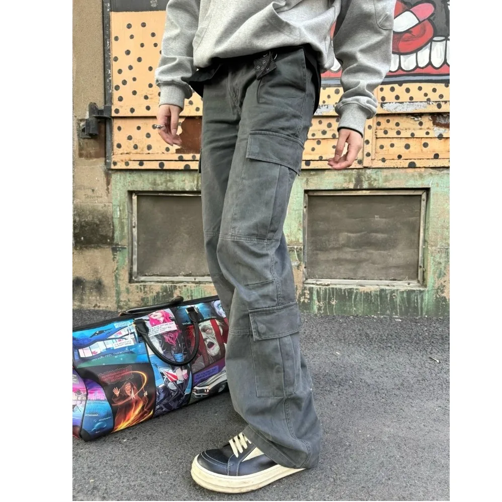 

Roughened Denim Work Trousers with kets Vintage Faded Loose Straight Leg Casual Pants Men's Spring Autumn Faion