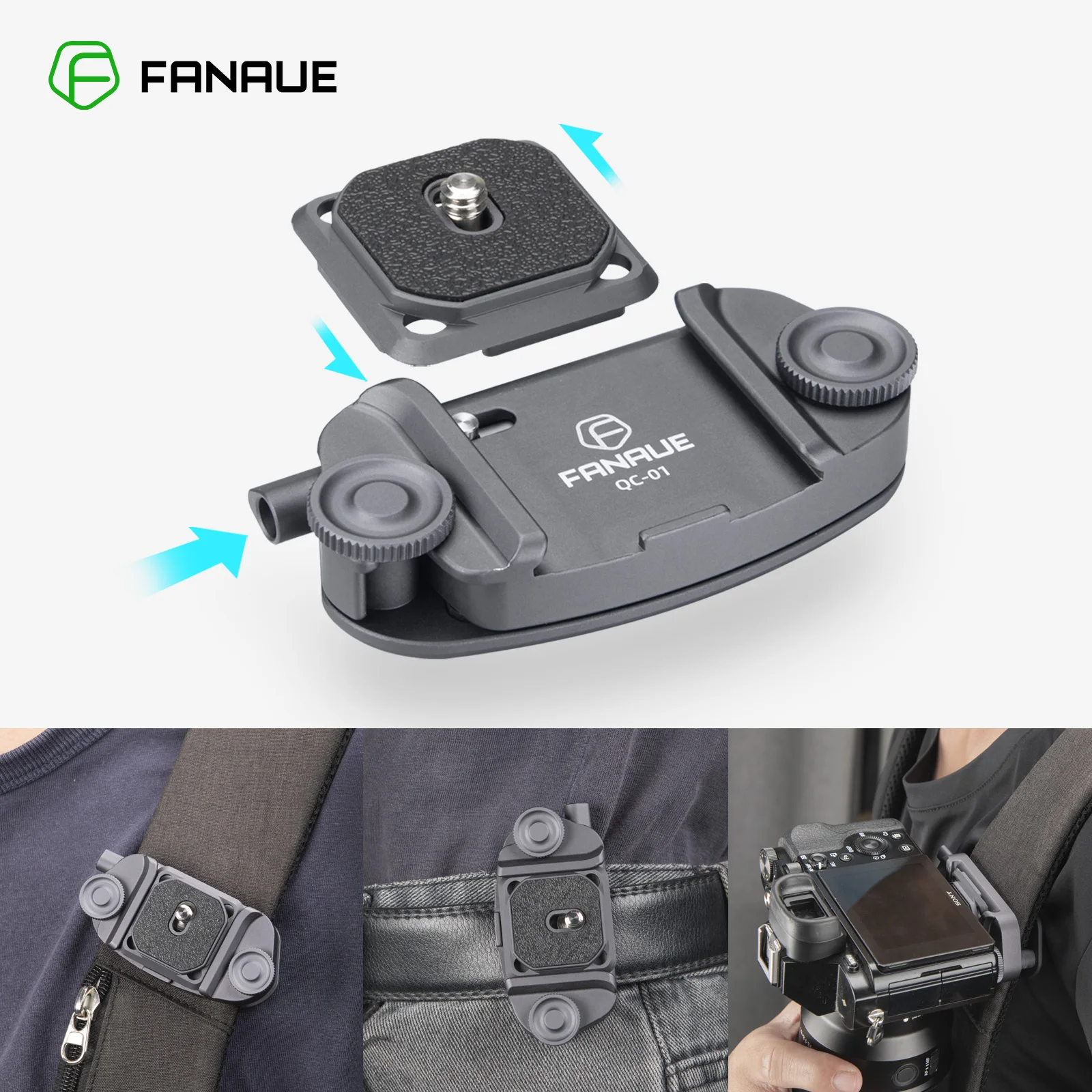 FANAUE Universal SLR Camera Quick Release Plate Clip Backpack Strap Mount Clip Quick Release Waist Belt Clip Tripod Arca Swiss