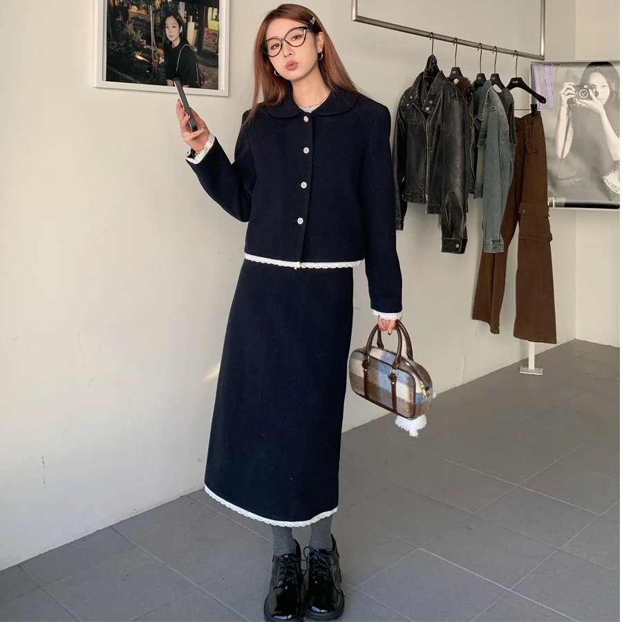Chic Winter Outfit for Women Cotton Woolen Coat with Lace Trim Elastic Waist Midi Skirt Doll Collar Two Piece Set Chinese Brand