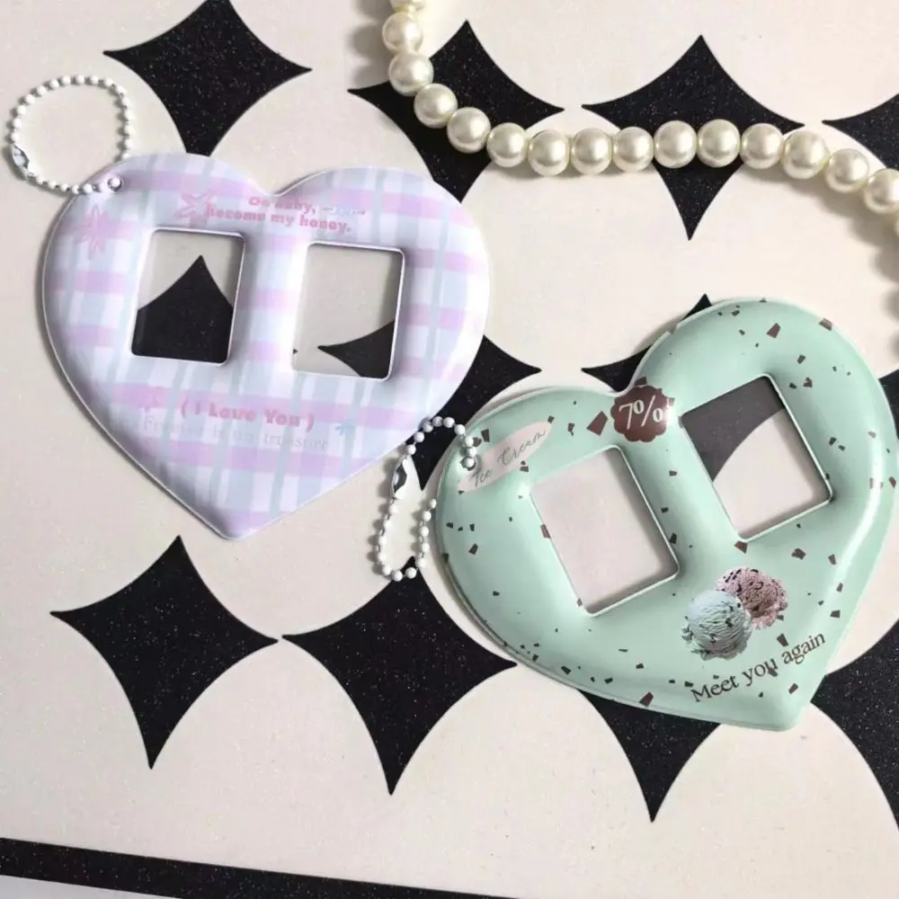 Creative Love Heart Photocard Holder 2 Slots 1 inch Card Holder with Keychain Cute Idol Photo Protective Cover for Girls