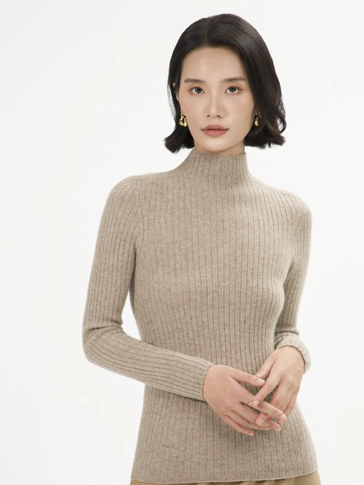 Basic Pullover Autumn Winter Women Sweater 100% Cashmere Sweater Mock Neck Slim Pullover Knitted Strip-Shaped Lines Inside Join