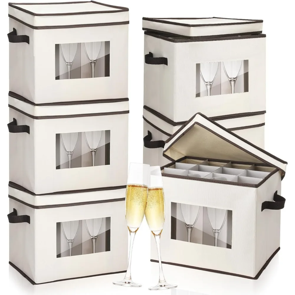 

Stemware Storage Box Set with Dividers 12 Compartments Wine Glass Holder Case Transparent Window Handles Dust Proof