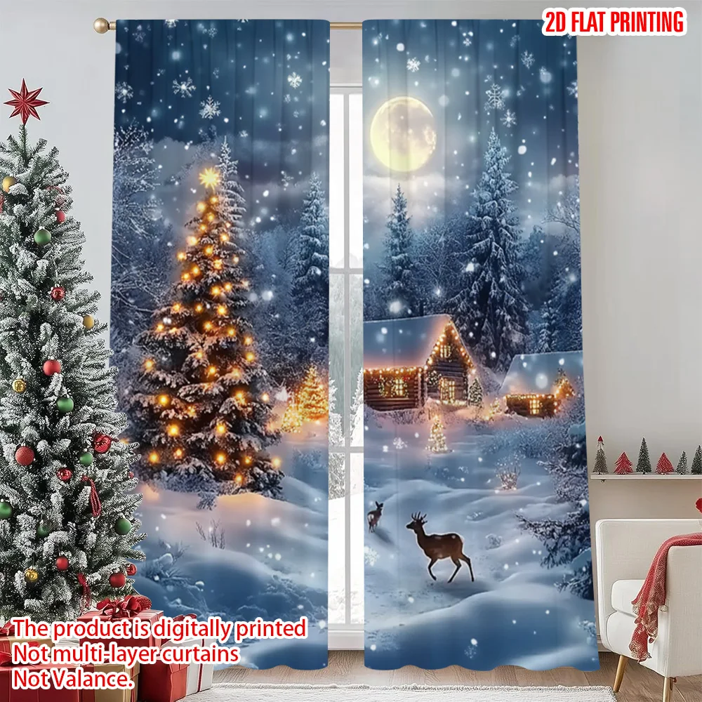 

2pcs 2D flat printing Christmas Curtain Snow Forest Lodge Durable 100% Polyester Fabric Without Electricity Party Decorations