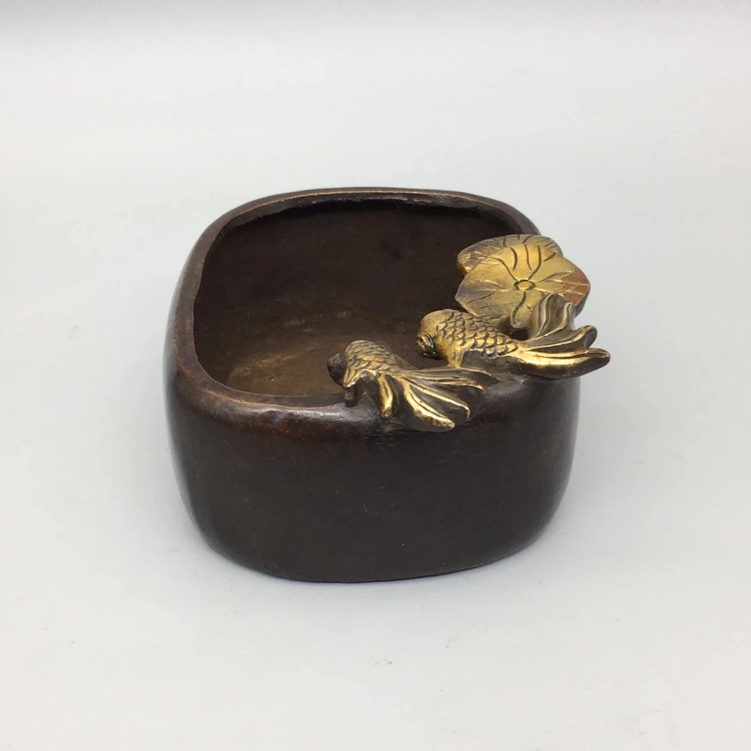 Collection Chinese High Quality Old Bronze Gilt Pot /Goldfish Ashtray, Art Decoration Metal Jar Crafts For Desk,Long 10CM