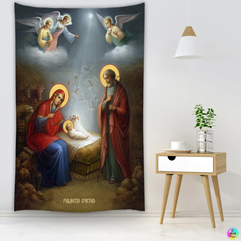 Christmas Tapestry Nativity Scene Wall Hanging Jesus Angel Easter Wall Decor Christ Tapestries Birth Manger Krippen Decoration - Image 6