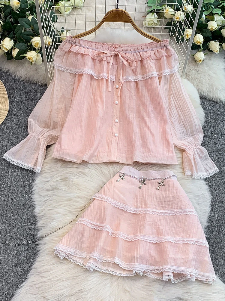 

Нежная рубашка с открытыми плечами во французском стиле, кружевная рубашка с рюшами и расклешенными рукавами + юбка-торт с высокой талией, женский элегантный комплект