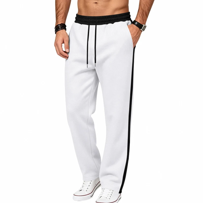 Men Fleece Lined Sweatpants Straight Leg Side Striped Joggers Elastic Drawstring Waist Warm Casual Sports Pants For AutumnWinter