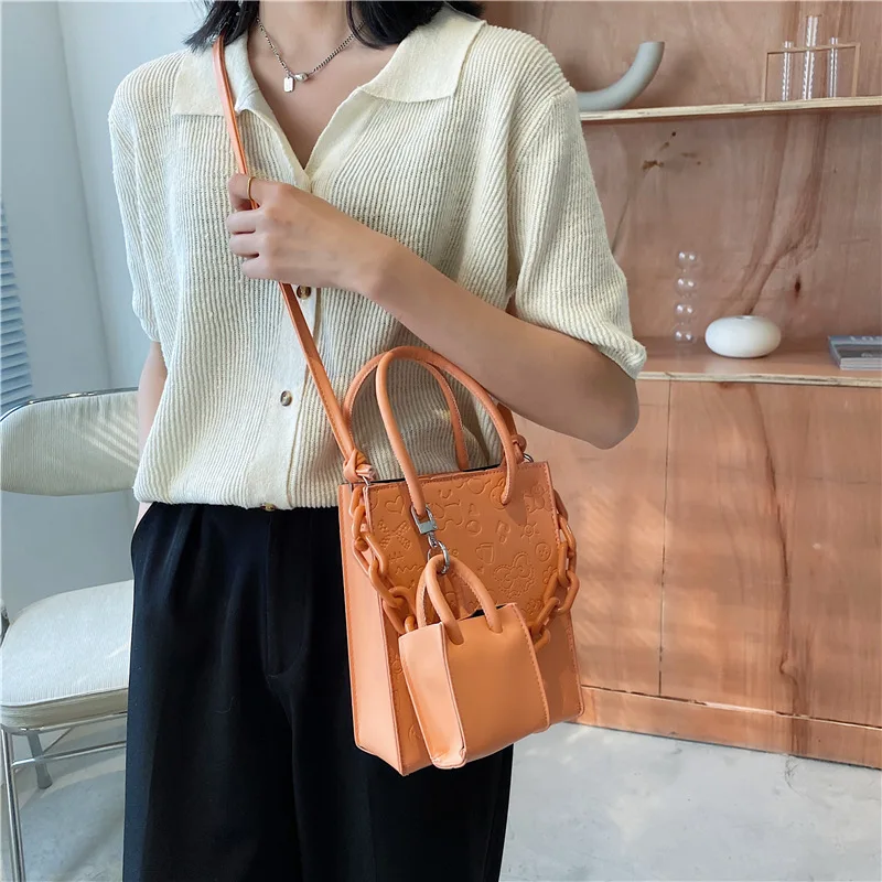 2 pc Retro Casual Flap Square bag 2022 New Quality PU Leather Women\'s Designer Handbag Acrylic shoulder strap Shoulder Messenger