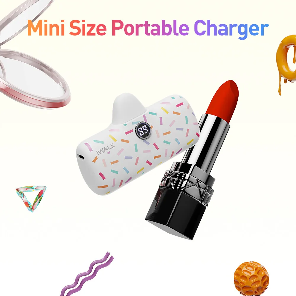 

iWALK Mini Power Bank | Губная помада - размер | Красочный узор | PD Fast Charge 20 Вт | LED дисплей | Встроенный разъем для iPhone 15.