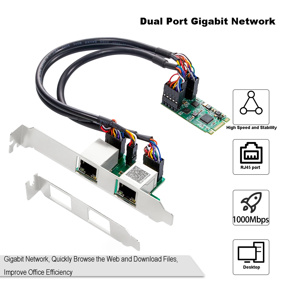 IOCREST M.2 (B/M Key) PCI-e Interface Dual Port Gigabit Ethernet Modules 1000Mbps 1G Nic Network Card RealTek RT8111H Chipset