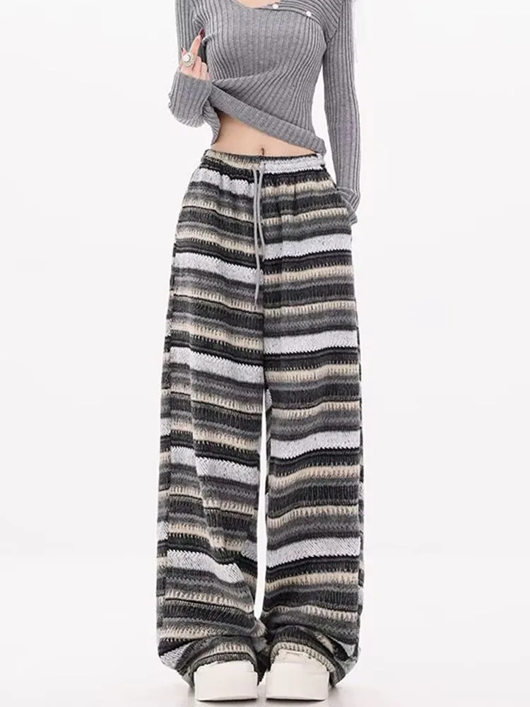 Y2k Casual Striped Pants Women Autumn Winter New Elastic Waist Contrast Color Long Trousers Harajuku Vintage Streetwear