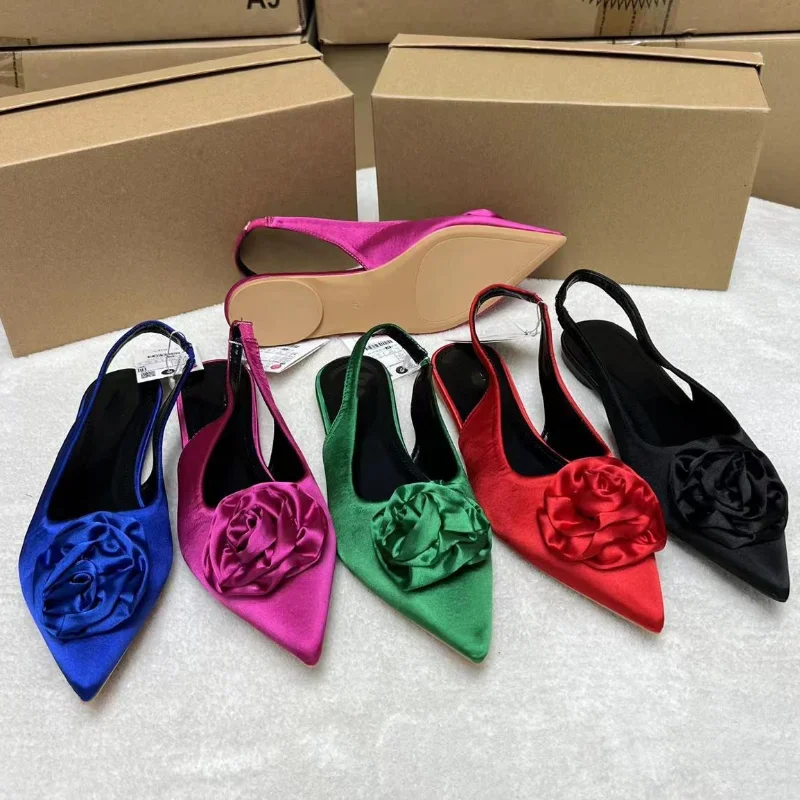 Elegant Woman Flat Heeled Shoes Retro Style Rose Pointed Toe Fashion Design Slip-on Female Footwear 2023 Summer Ladies Sandals