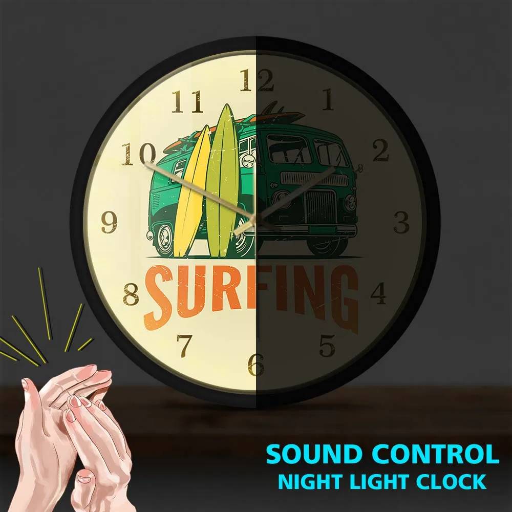 Surfing Time Vintage Car Kombi Camper Van Surfing Metal Frame Wall Clock Van And Surfboard Modern Home Decor Silent Wall Watch