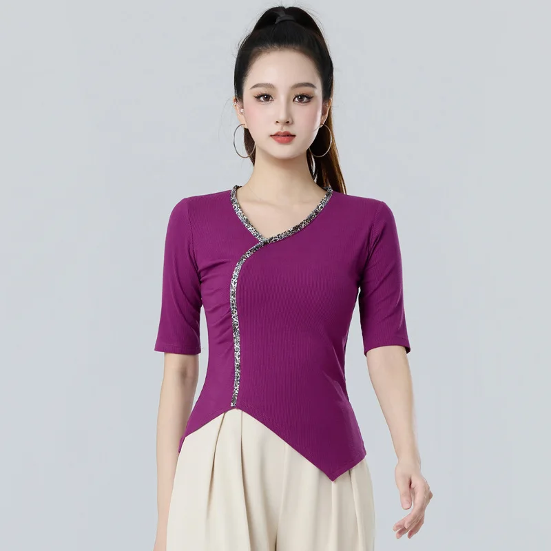 

Latin Dance Top Women V-neck Modern Dance Costume Ruffled Edge Black Costume Medium Sleeve Social Dance Training Suit Summer