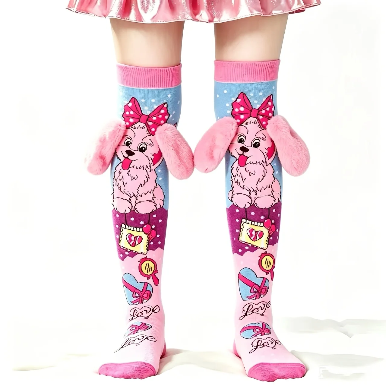 1 pair of girls' 3D plush ear dog stockings cute cartoon bow puppy children's colorful knee-high stockings, love gift printing.