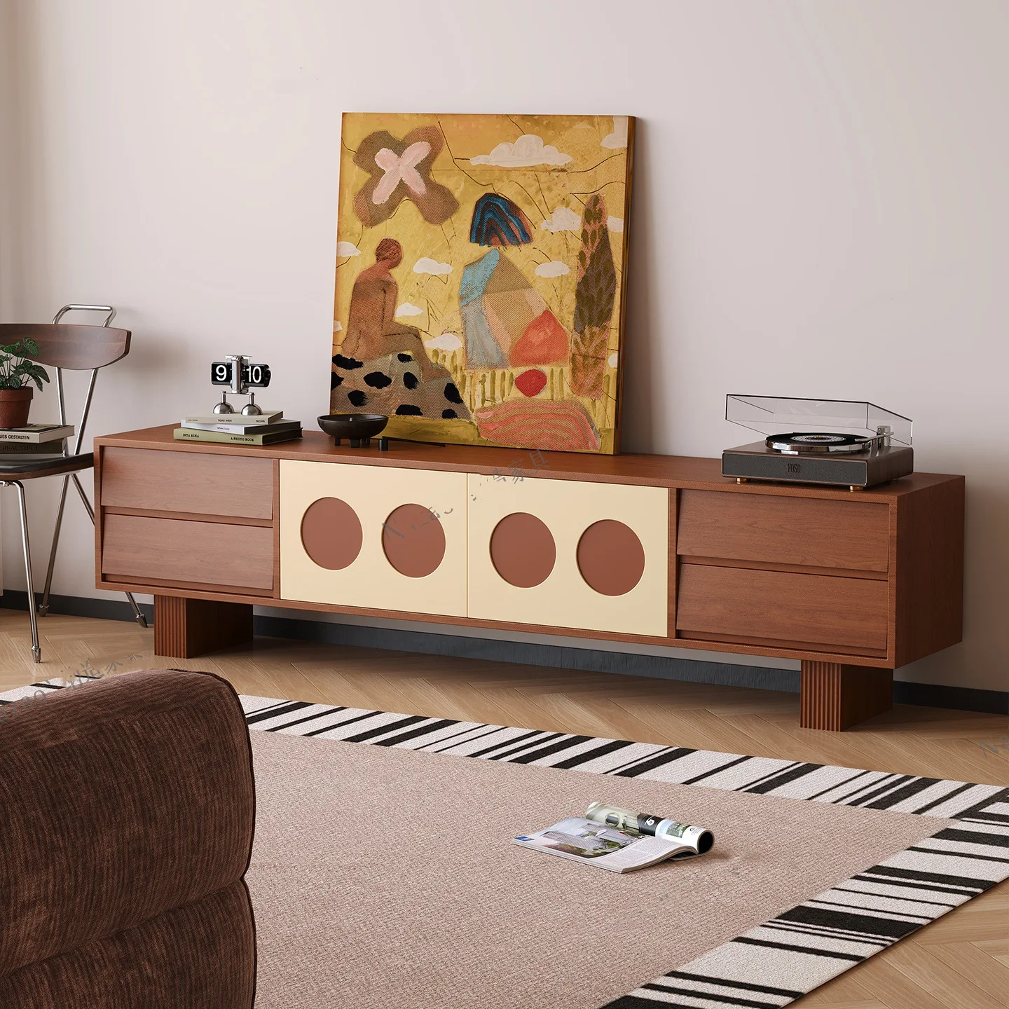 Medieval style solid wood TV cabinet coffee table combination storage locker integrated living room TV cabinet audio-visual cabi