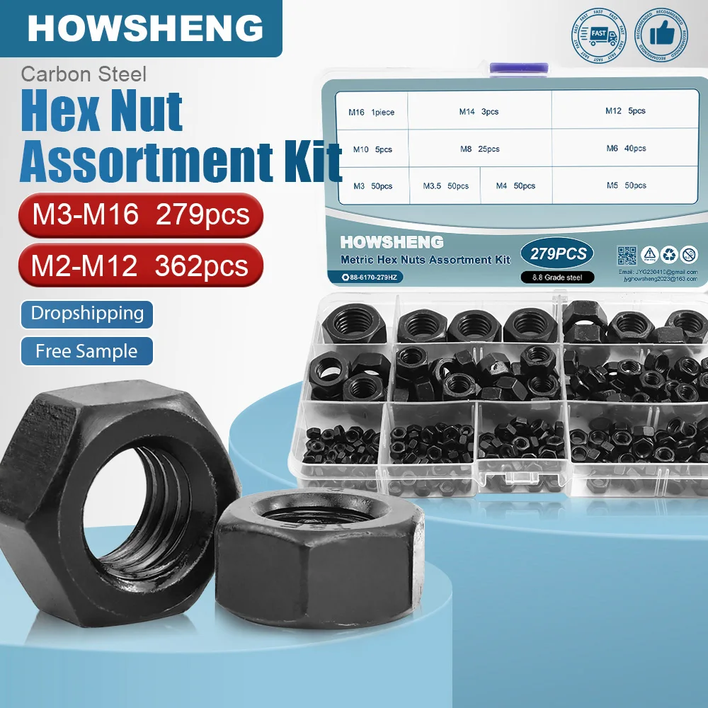 362/279pcs Metric Hex Nuts Set M2 M3 M4 M5 M6 M8 M10 M12 M14 M16 Black 8.8 Grade Carbon Steel Hexagon Nut Assortment Kit Set