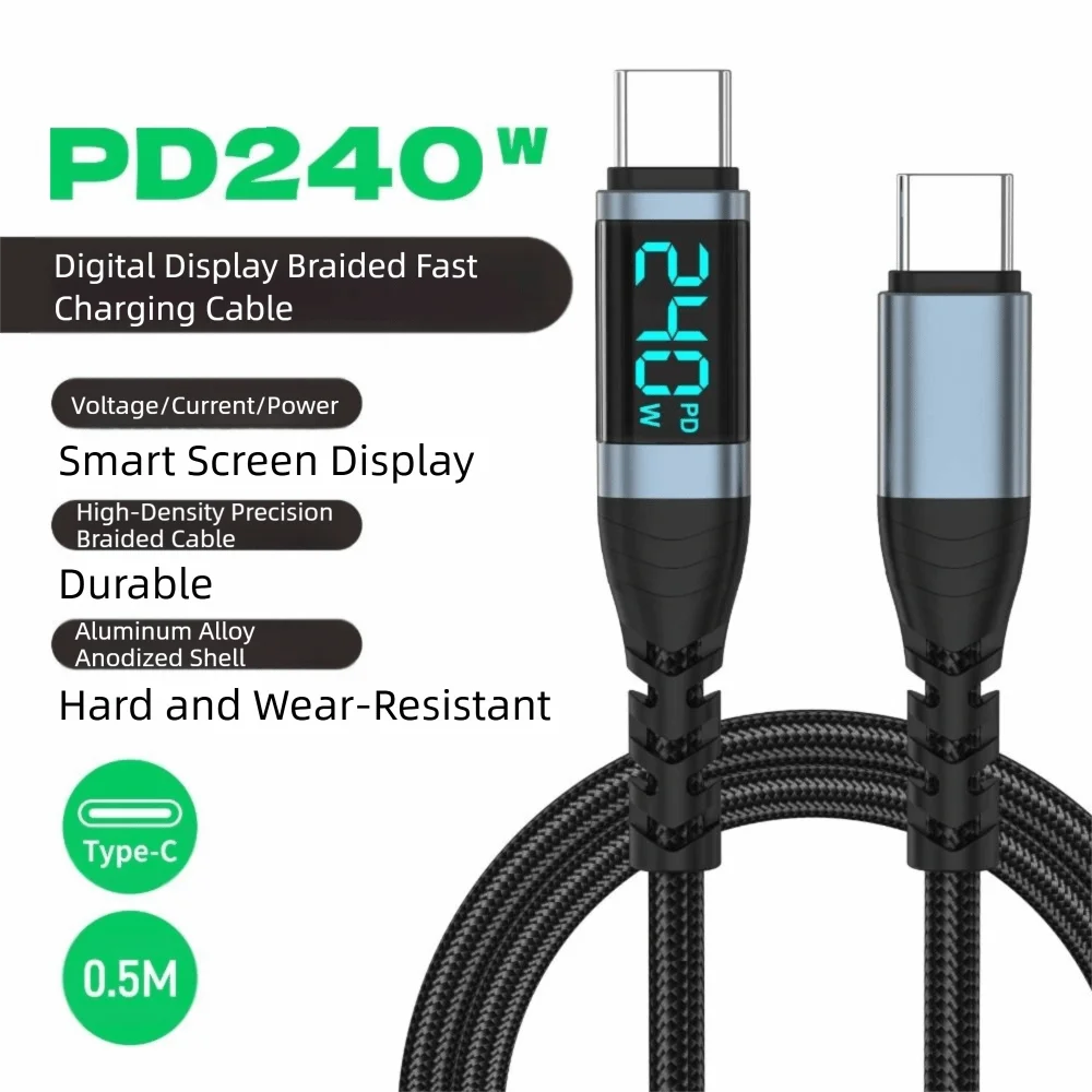 

High Speed Type C To Type C Type C Cable LED Display Fast Charging Data Cord 240W Durable Charger Wire Data Transfer