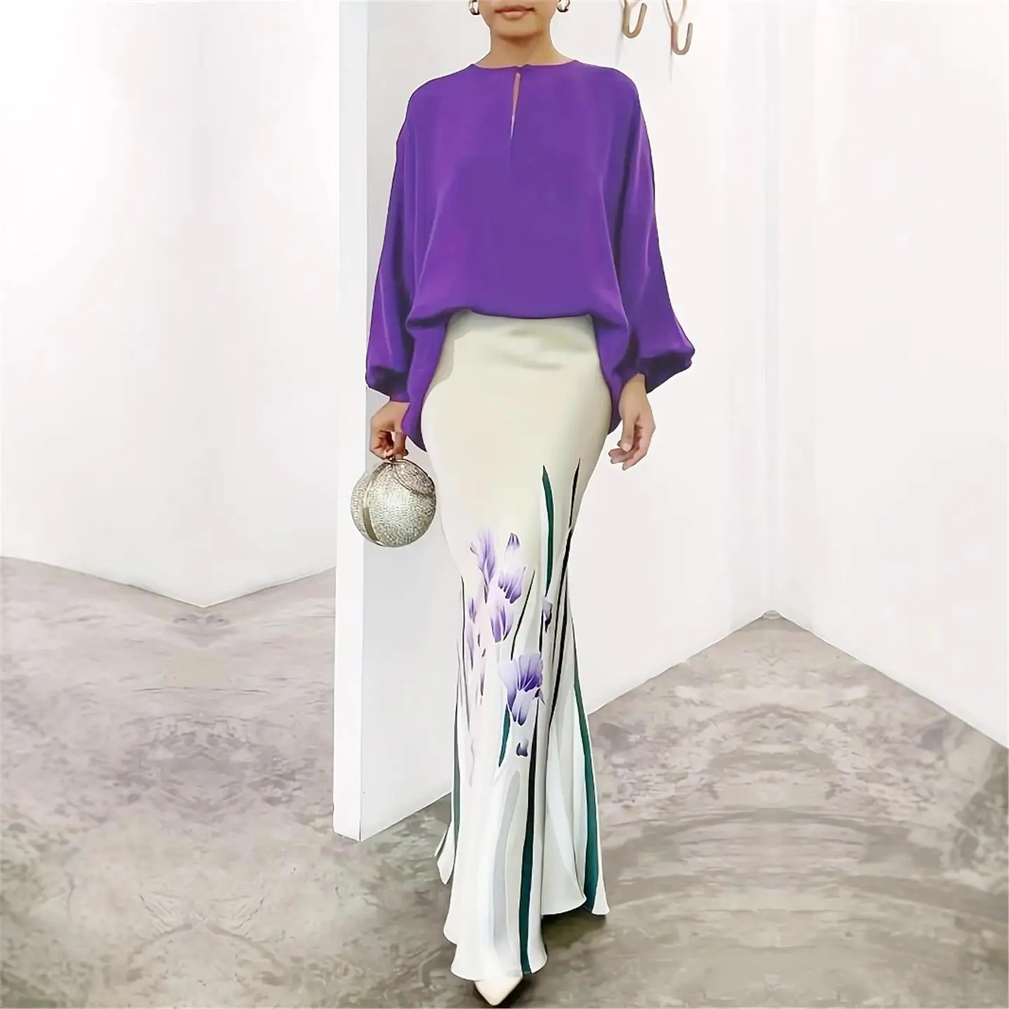 

Модный свободный топ с цветочным принтом и облегающая юбка, женская повседневная одежда, костюм-футболка, европейский зимний комплект...