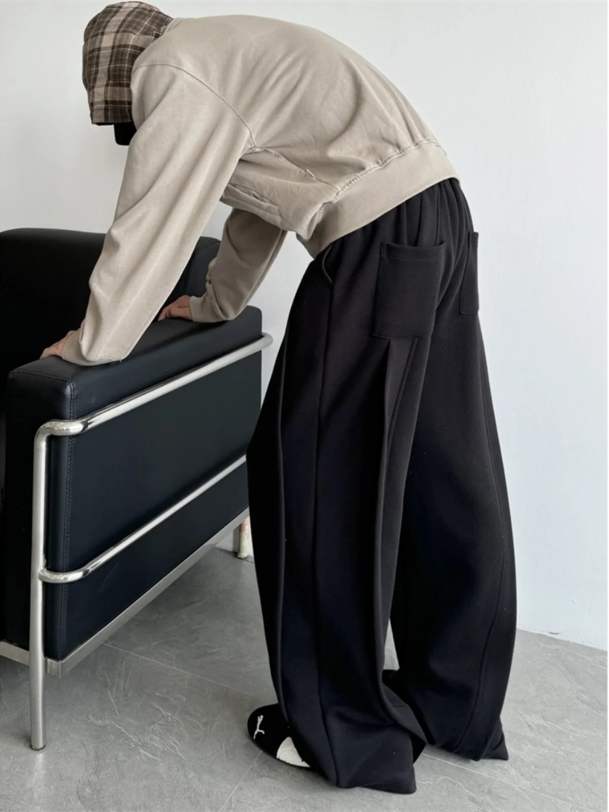 American Sle Pantaloni sportivi casual con giunture pesanti Design ampio a gamba larga da uomo Primavera Autunno Tubo dritto bianco