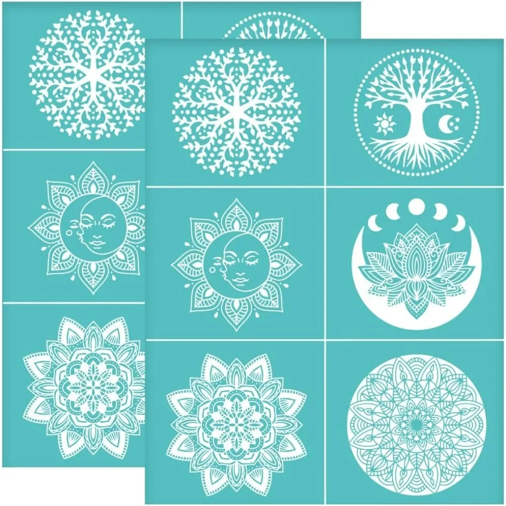 2pcs 8.6x11 Inch Self-Adhesive Mandala Stencil Lotus Tree Silk Screen Stencils Reusable Silkscreen Printing Stencils Moon
