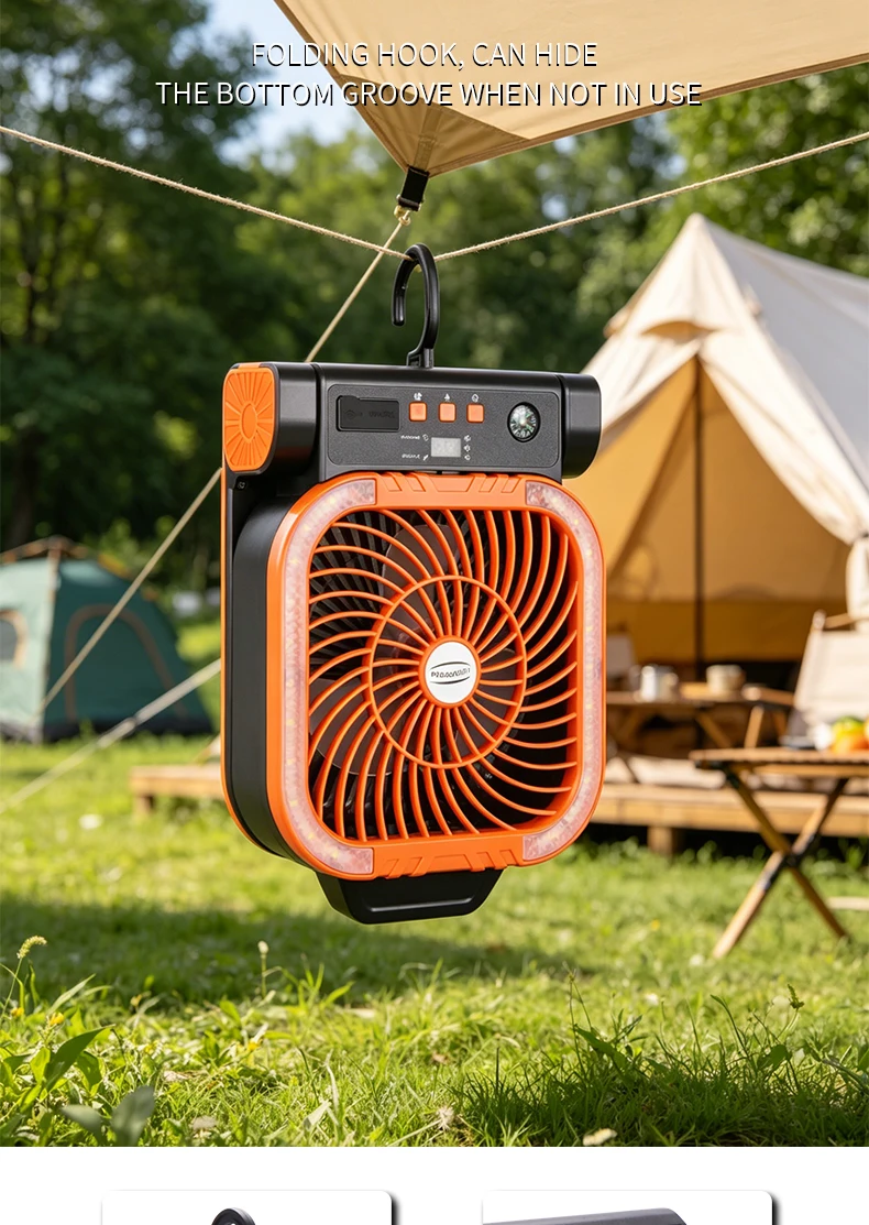 Solarbetriebener Campingventilator, tragbarer, wiederaufladbarer Tischventilator für den Außenbereich mit LED-Licht, Powerbank, Klapphaken für Zelt und Angeln – Detail 12