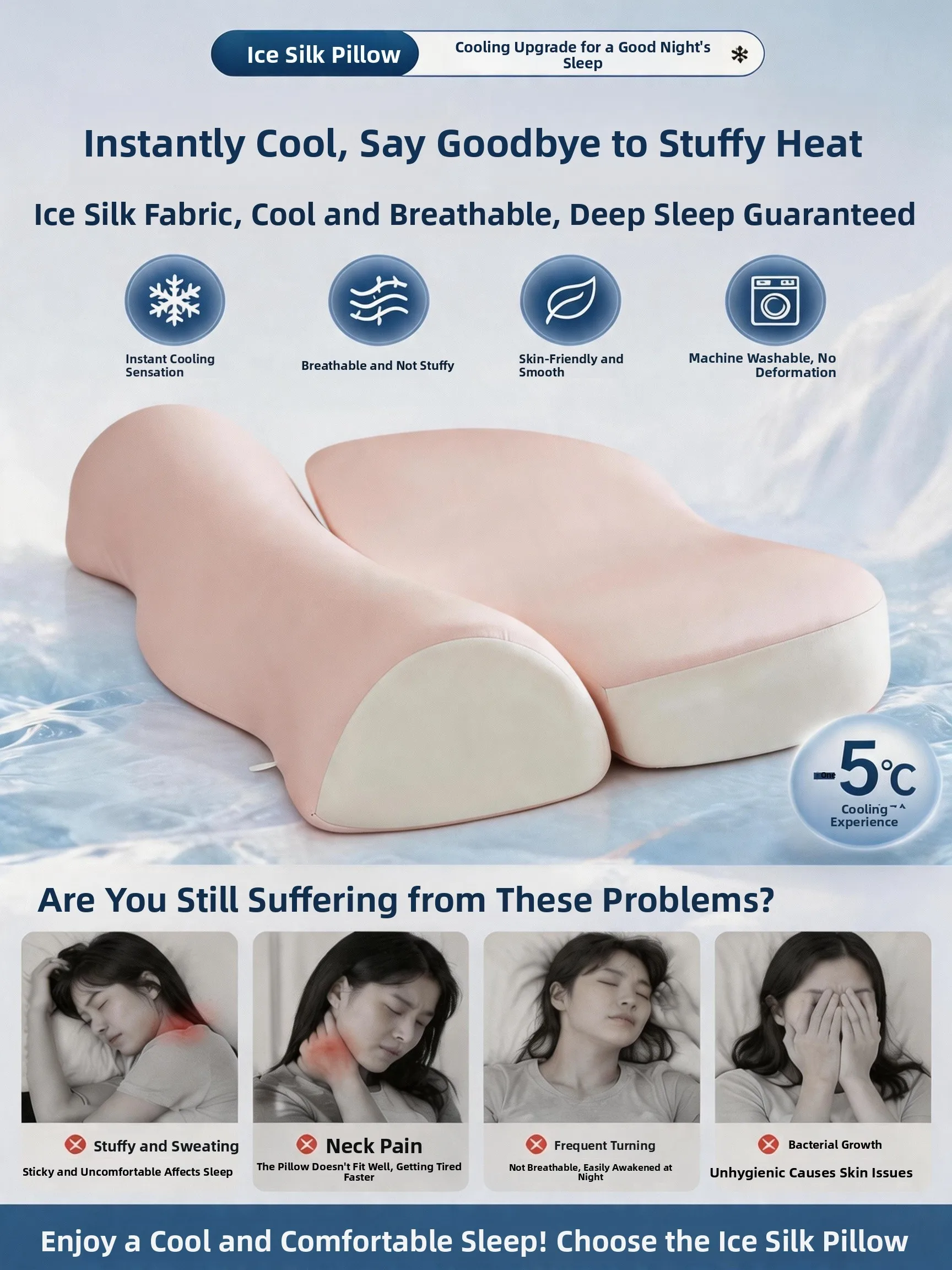 Memory Foam Pillow Ice Silk Cloudlike Support Neck Support Wave Shape Adult Student Home Use Bedroom Wave Form Non Handmade