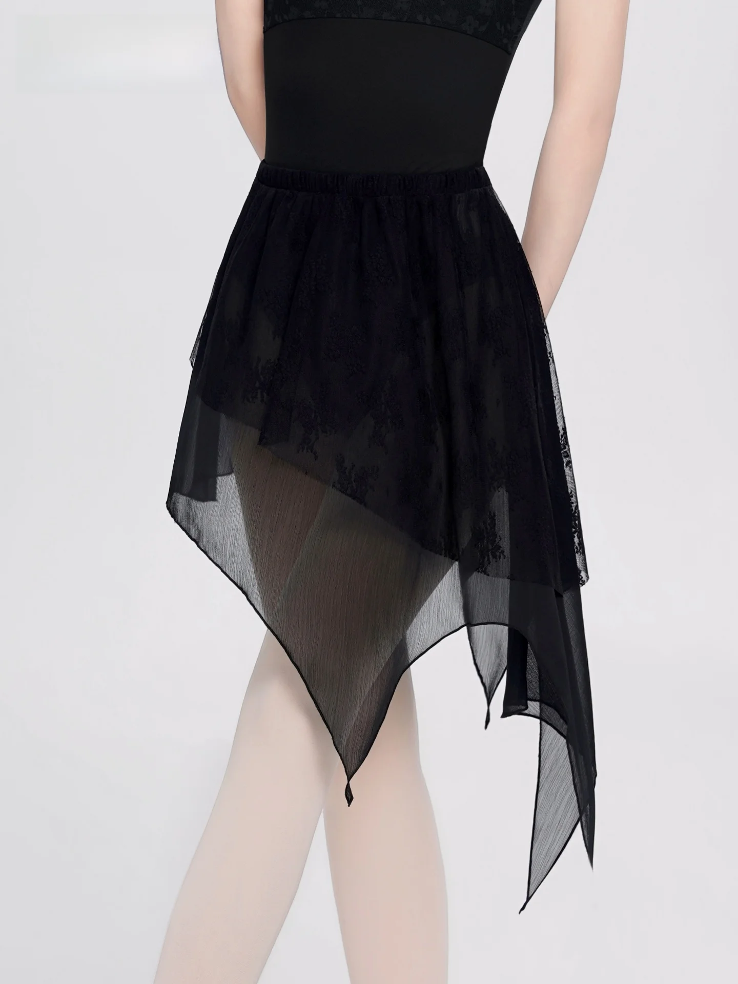黒のアシンメトリーレーススプライシングバレエスカート-レディース練習着-ハーフ丈ダンスガウン-大人用バレエダンススカート