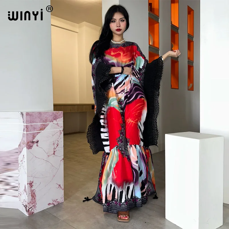 WINYI new summer blog Runway Designer Elegant party Dress Women Long Sleeve fashion Print abaya Middle East Female loose kaftan