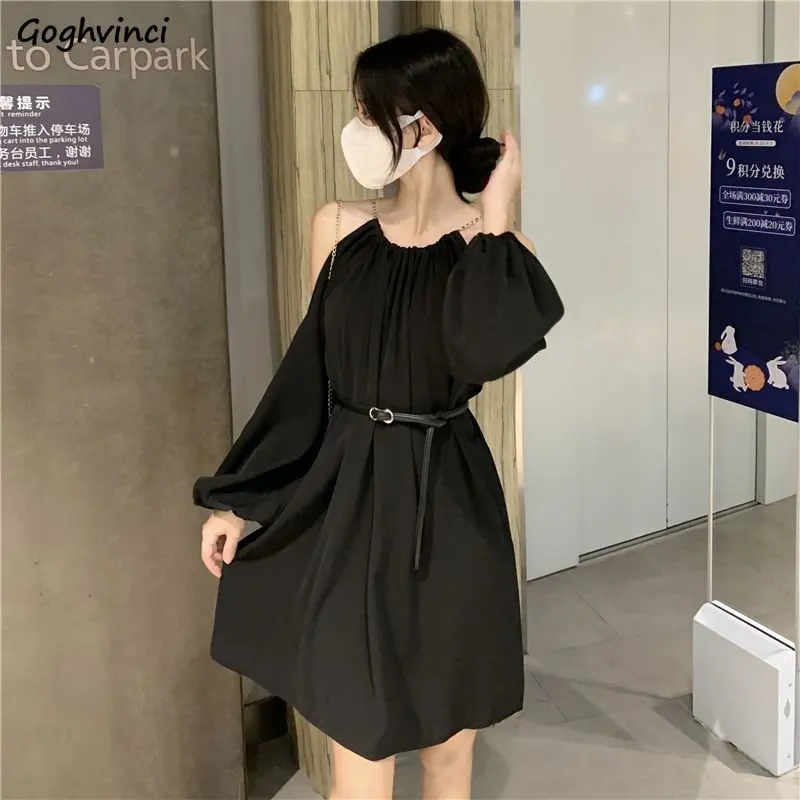 

Mini Halter Dress for Women Solid Belt Long-sleeve Tender Partywear Korean Style Fashion Summer Vestidos De Fiesta Casual Chic