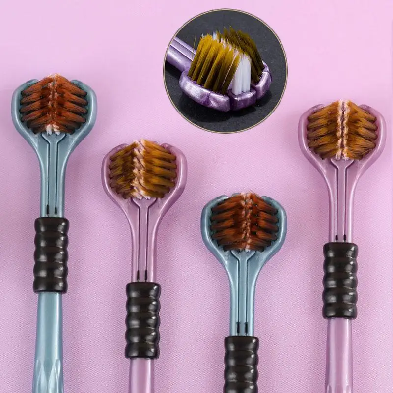 2 قطعة ثلاثية الأبعاد ستيريو ثلاثة جوانب فرشاة الأسنان فائقة غرامة لينة الشعر الكبار فرشاة الأسنان اللسان مكشطة العناية بالفم 360 °   تنظيف فرشاة الأسنان