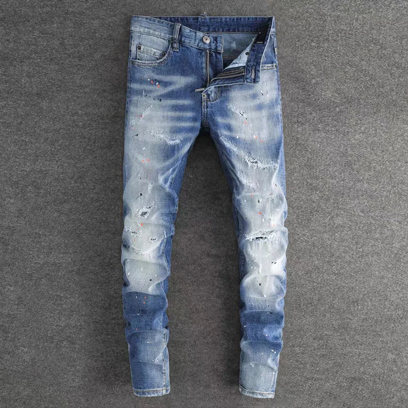 High Street Fashion Men Jeans Retro Light Blue Stretch Skinny Fit Ripped Jeans Men Painted Designer Hip Hop Brand Pants Hombre