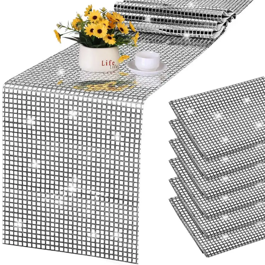 

6 Pack Disco Party Table Runners, 11 x 108 Inch Silver Glitter Foil with Sparkle Sequin, Ideal for Bachelorette, 70s, Disco, Cow