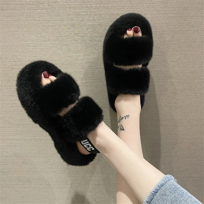 2023 Autumn/Winter New Type Slippers in Europe and America Large Size Back Strap Wearing Home Fur Slippers for Women