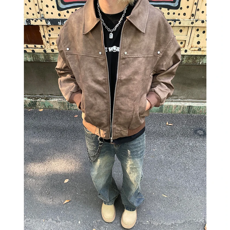 

Коричневая кожаная куртка-бомбер мужская демисезонная винтажная в американском стиле пилотской куртки свободного кроя для молодежи, активного образа жизни, полиэстер