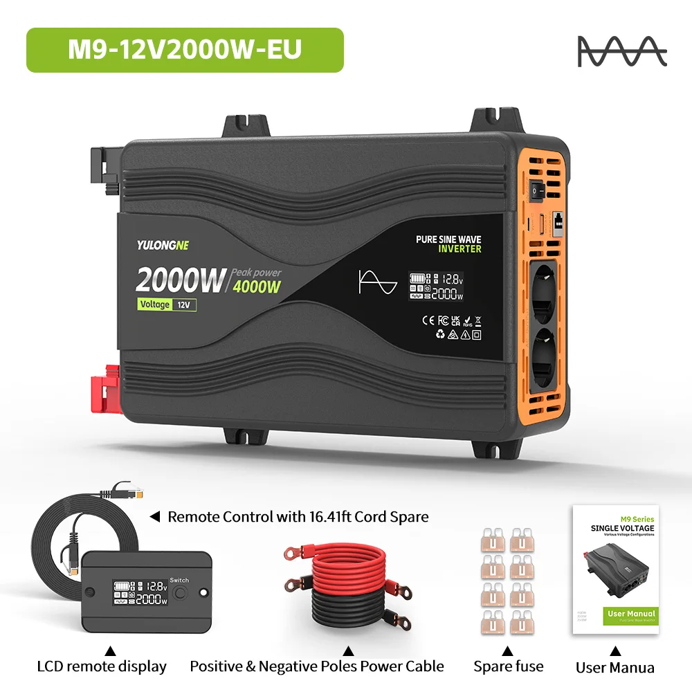 4000W Peak Pure Sine Wave Inverter DC12V‑AC230V EU Plug LCD Wired Remote Control For Car RV Home Solar Off‑Grid Backup Power Sou