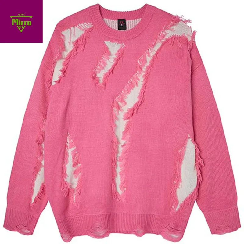 

【Mirrordust】Уличная одежда, свитера в стиле хип-хоп, сломанные лоскутные пуловеры большого размера, вязаный джемпер, повседневные свободные мужские свитера
