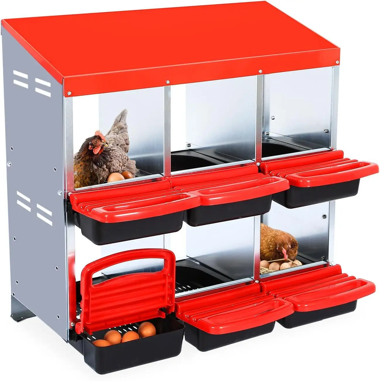 Nido para gallinas ponedoras de gran venta, de chapa galvanizada, doble capa, seis orificios, colgante, plano, de doble propósito, ensamblable.