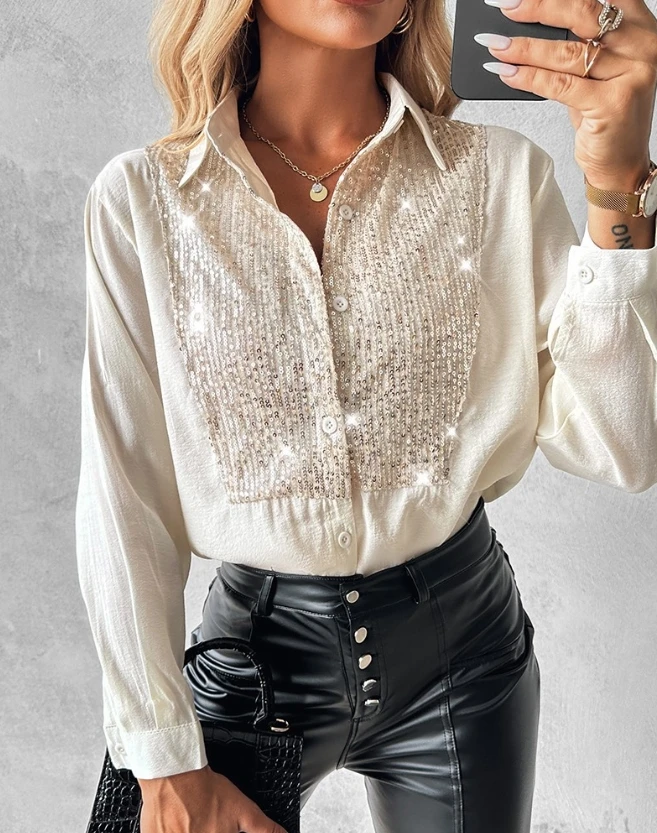 

Women Shirts Single Breasted 2023 Autumn Feminine Blouse Top Long Sleeve Casual Lapel Contrast Color Sequins Women Loose Blouses