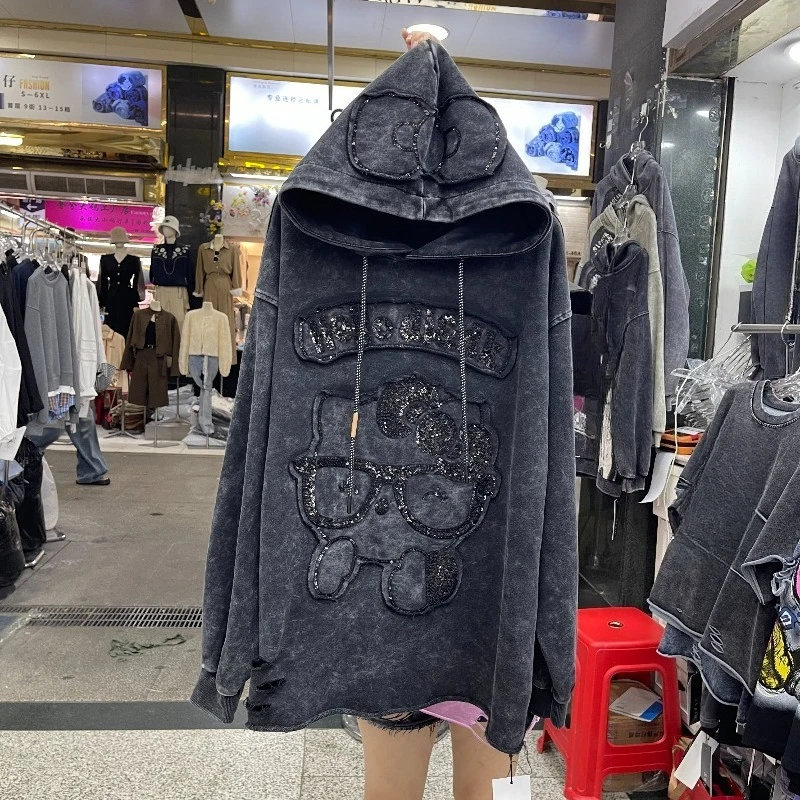 2025 Autumn New Heavy Patchwork Glasses Cartoon Sweatshirt Coat Women's Loose Slimming Versatile Age-Reducing Pullover Sudaderas