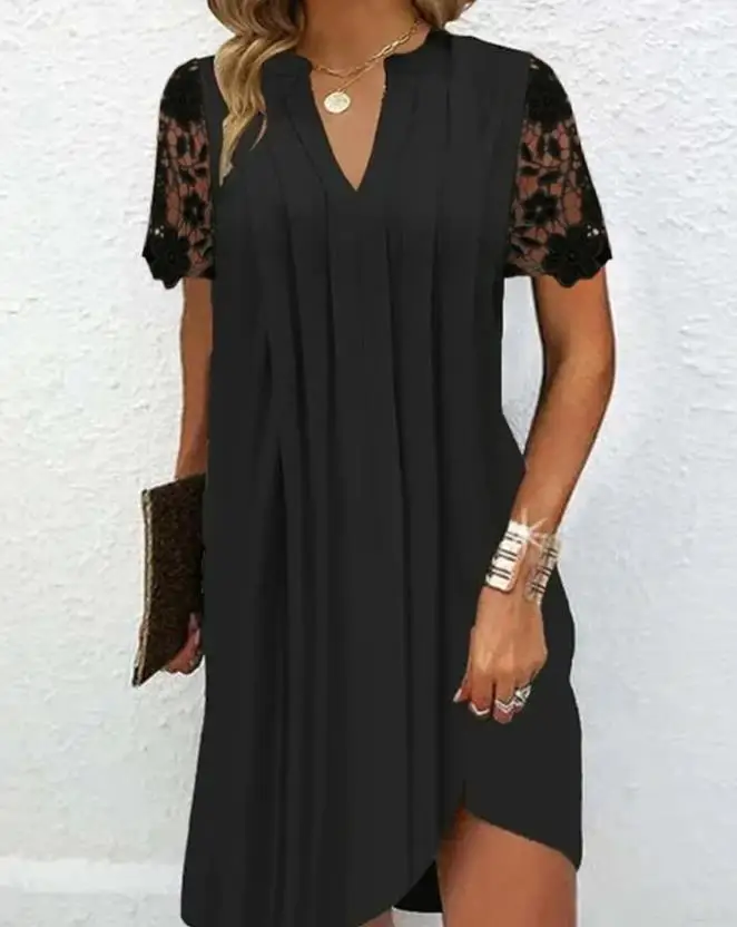 

Elegant Sexy for Women 2024 Summer Mini Dresses Solid Color Short Sleeve Lace Patch Notch Neck Ruched Casual Style Dress