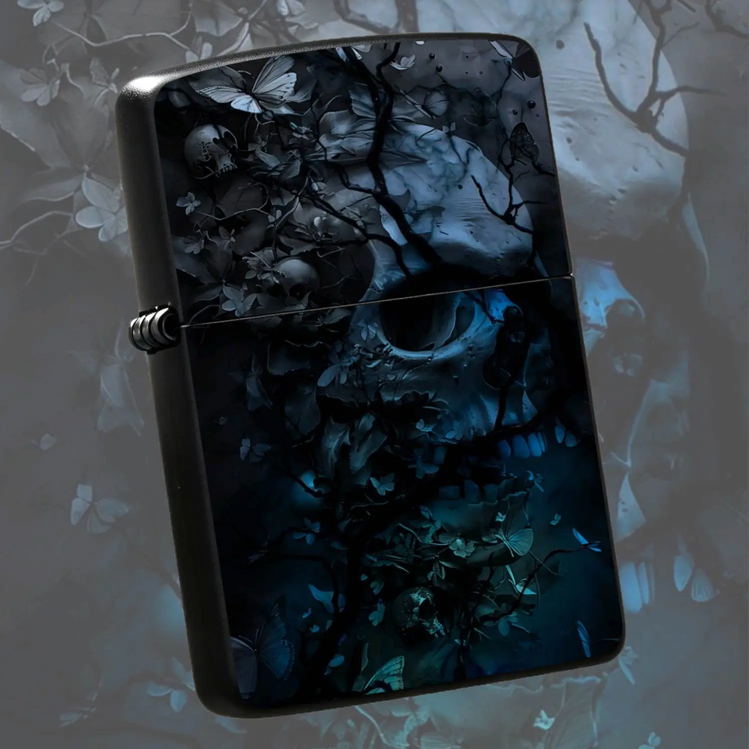 Dark Gothic Blue Skull Vines Art Lighter, Moody Unique Portable Ignition Accessory, Perfect For Daily Use Outdoor Camping Gatherings Gifting, Stylish Niche Exquisite Practical Ignition Ornament, Offers Distinct Aesthetic For Friends And Hob