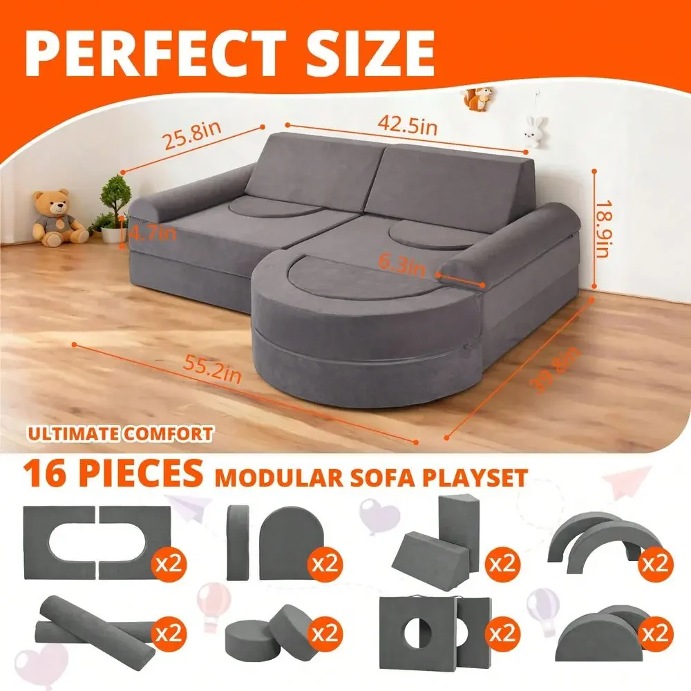 16pcs Modular Kids Play Couch, Kids Couch Building Fort For Playroom And Bedroom, Toddler Modular Play Sofa, Convertible Foam S