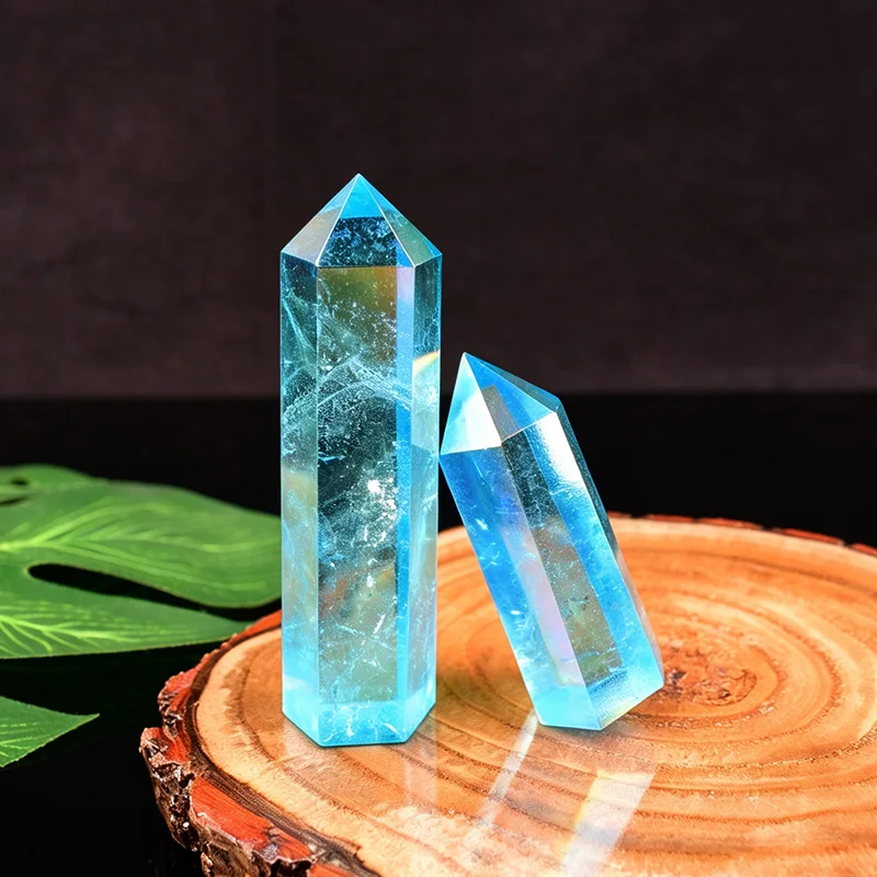 5‑8cm Blue Aura Quartz Crystal Point Tower Hexagonal Prism Natural Healing Crystal Stone Home  Decor Gift