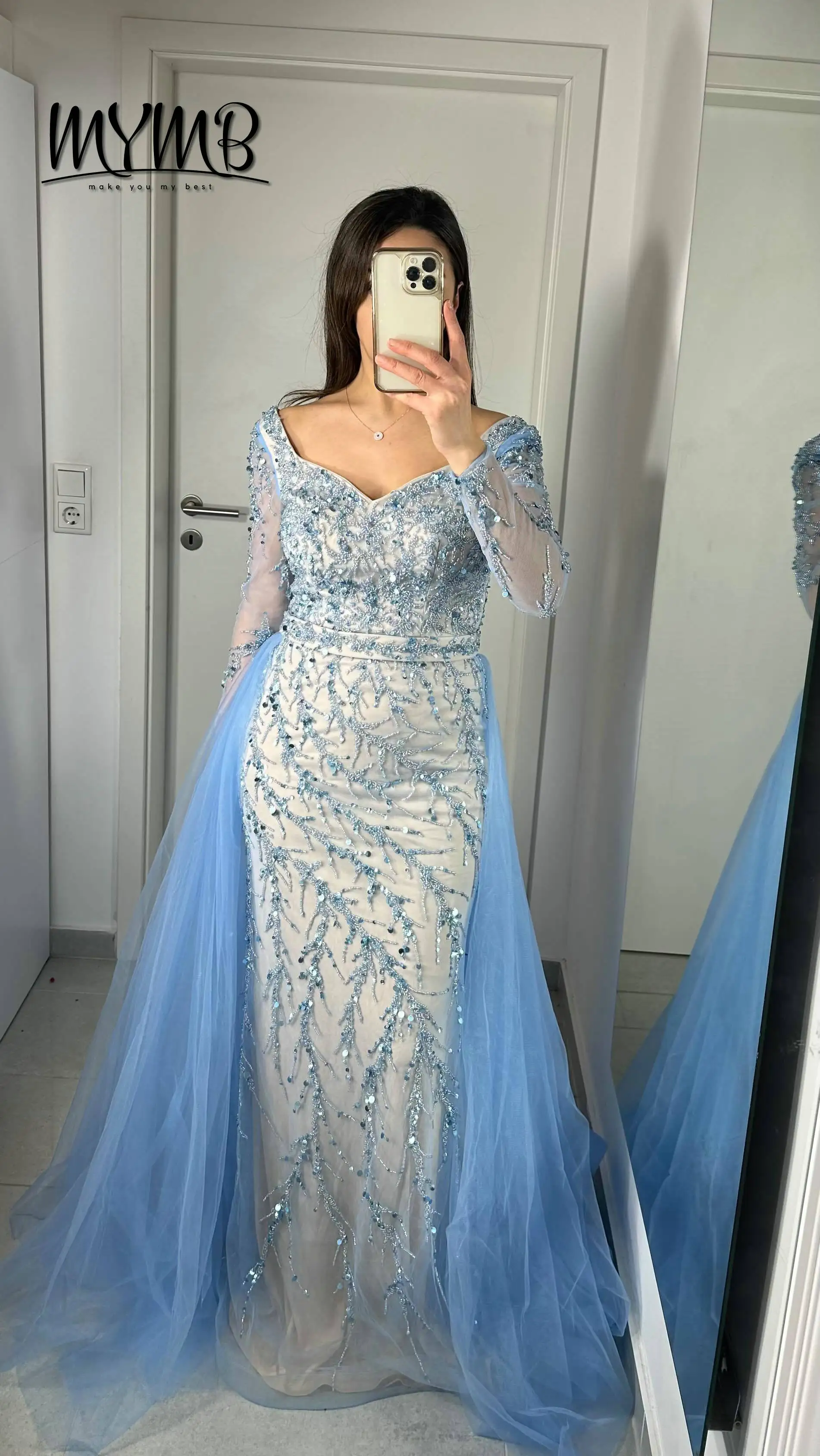 

MYMB Элегантные тяжелые украшенные платья для выпускного вечера русалки с длинными рукавами Блестящие вечерние платья ручной работы со съемной верхней юбкой MY30040