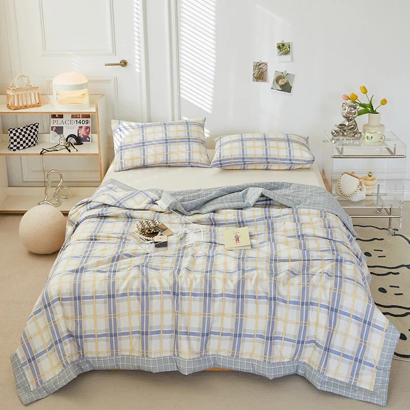 

Blue Plaid Summer Quilt Cotton Air Condition Thin Comforter Blanket Bedspread for Single Double Queen Bed Coverlet Bedroom Decor