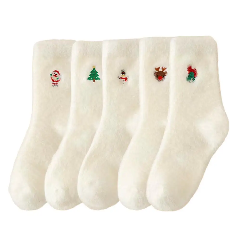 Calcetines blancos de piel sintética de visón, calcetines bordados de árbol de Navidad y Papá Noel para invierno, calcetines cálidos y gruesos de felpa para el suelo, regalo de Navidad